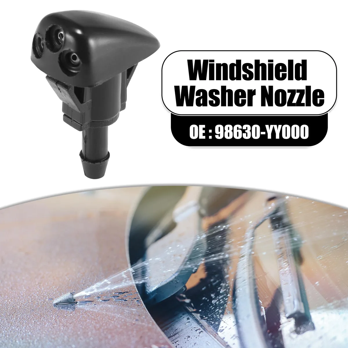 Small black plastic front windshield washer nozzle with single spray opening