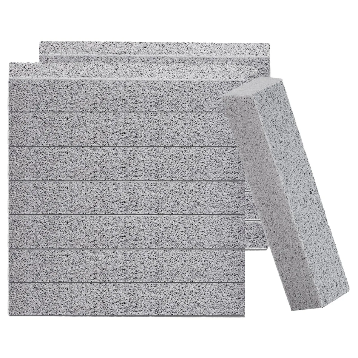 Fourteen light grey rectangular pumice stones in a cardboard box
