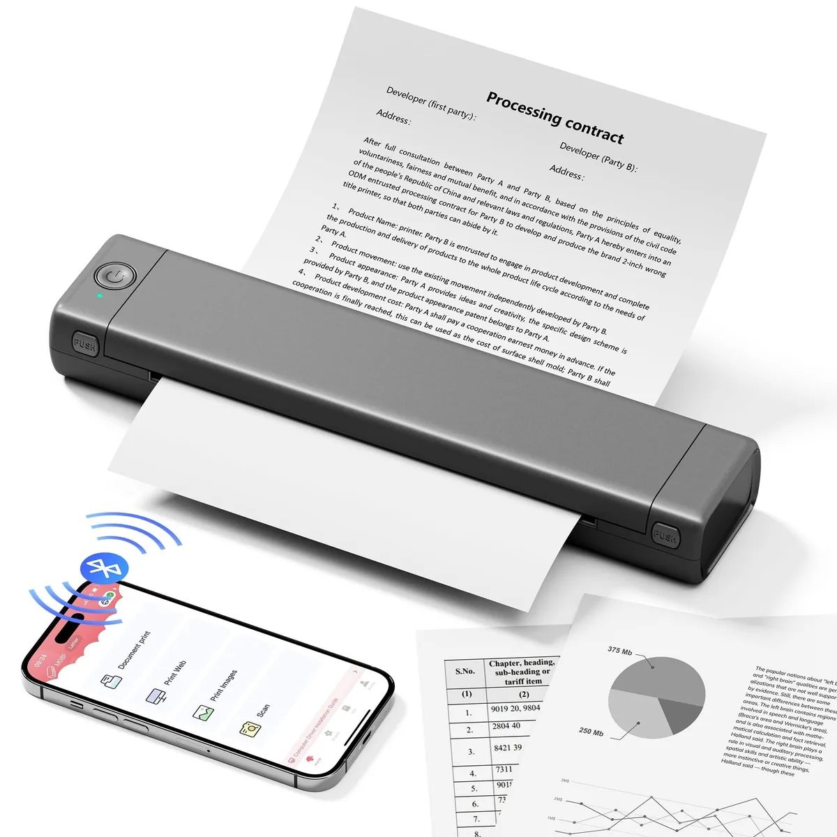 Compact white A4 thermal printer, rectangular with rounded edges, shown closed and ready to carry