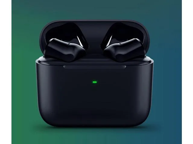 Black true wireless earbuds in charging case with green logo