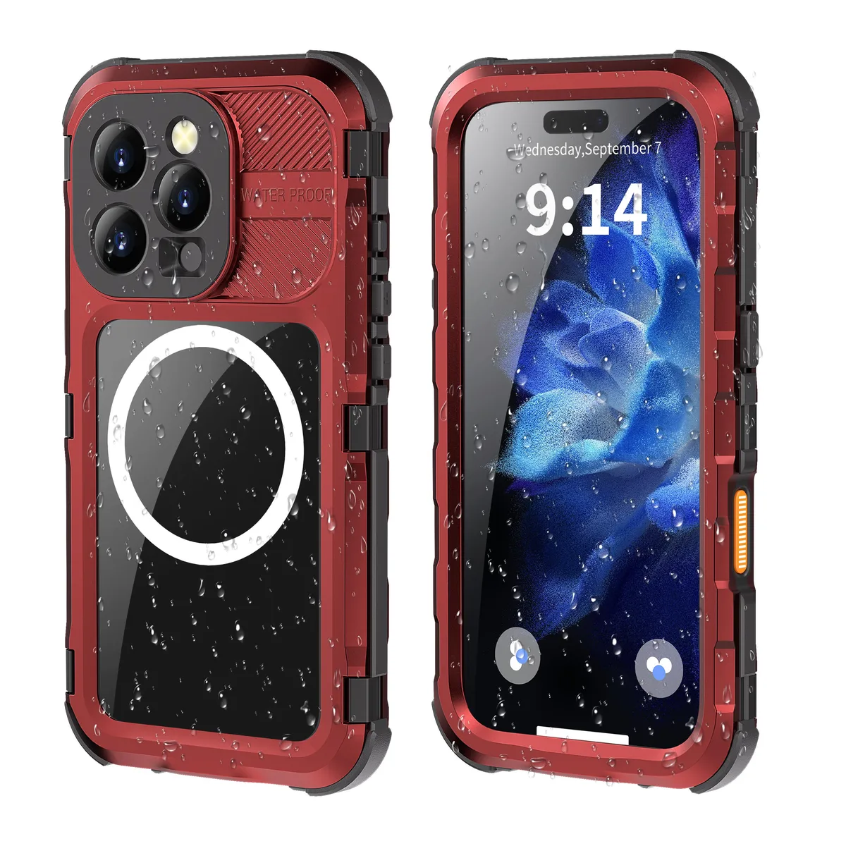 Red waterproof metal case for iPhone 16 Pro with MagSafe and built-in screen protector