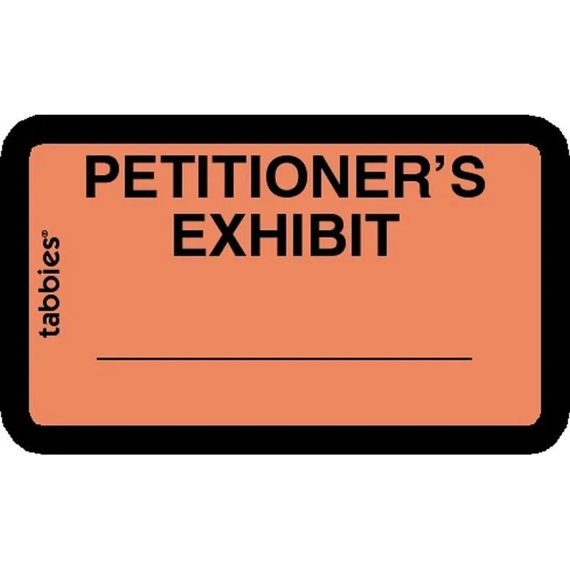 Pack of 252 orange self-adhesive paper labels with bold black PETITIONER'S EXHIBIT text and blank writing space