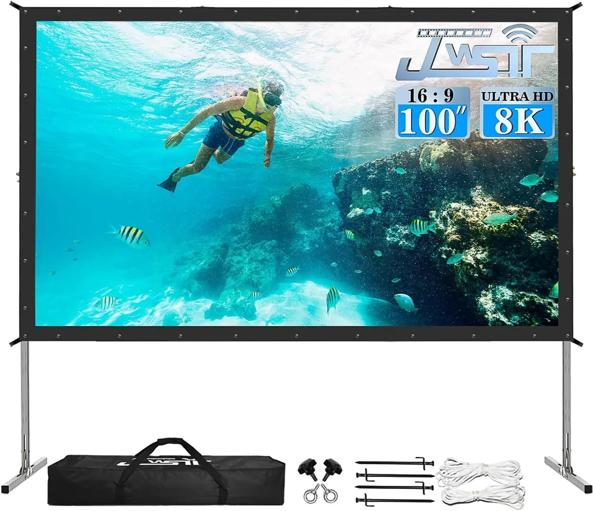 A 100 inch portable projector screen on a folding frame with detachable legs and a carrying bag