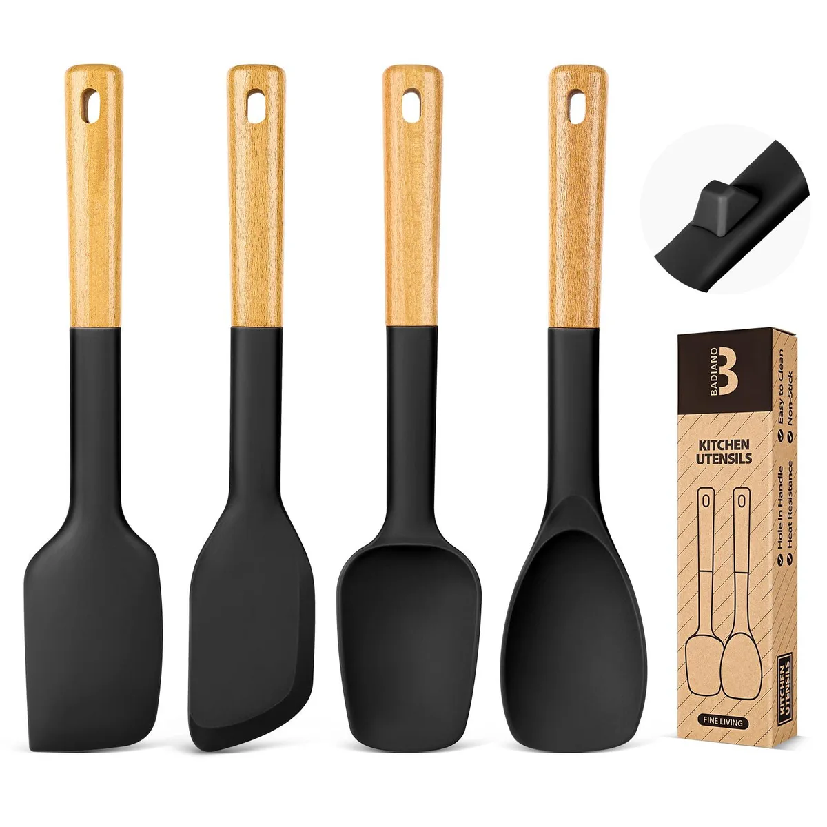 Four black silicone utensils with wooden handles, 11 inches long