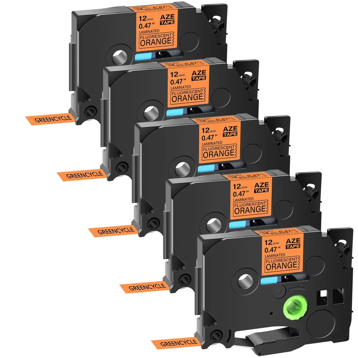 GREENCYCLE GREENCYCLE AZE-B31 12mm 16.4ft Black/Fluorescent Orange Label 5 Pack — product photo