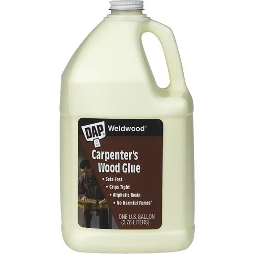 White plastic jug with yellow label, 128.0 oz carpenter glue