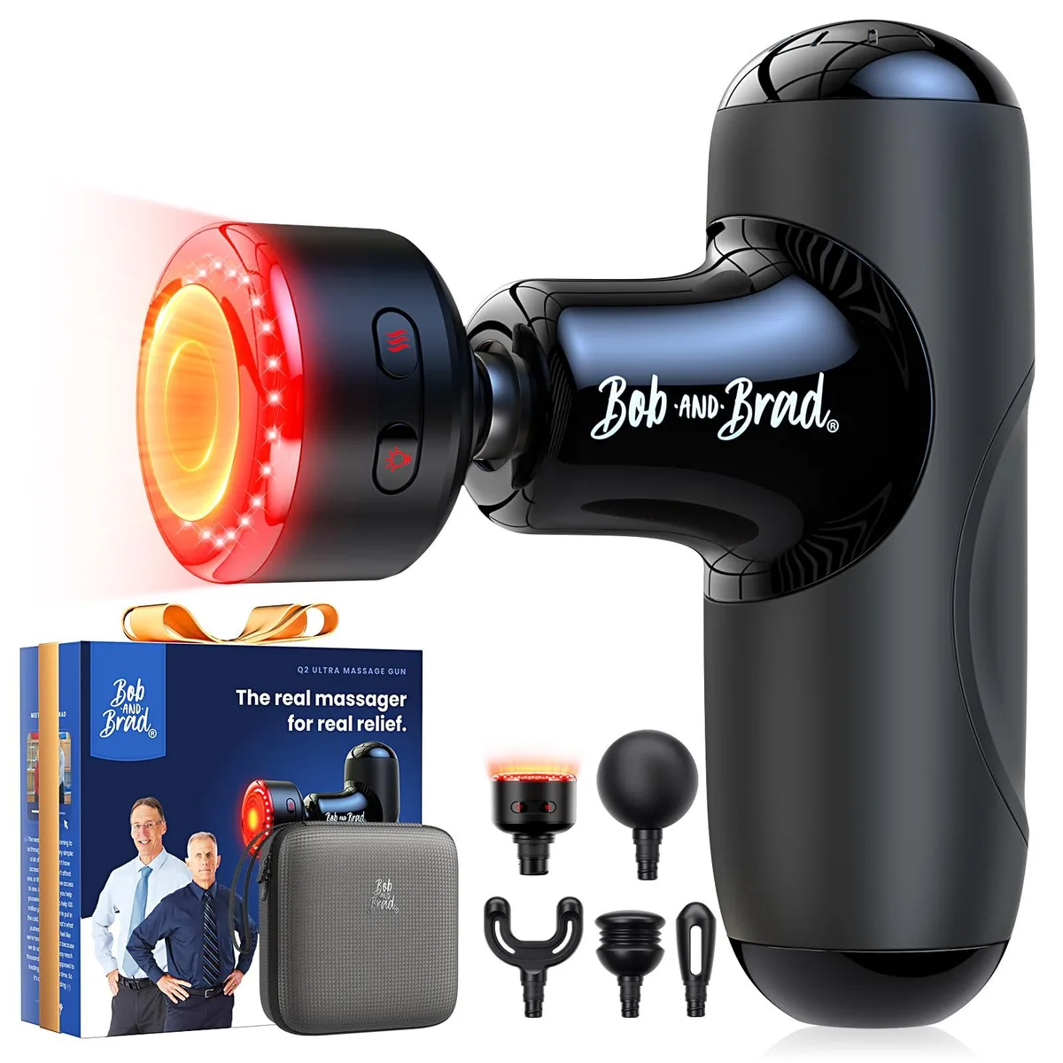 Compact black massage gun with rounded silicone grip and interchangeable heads