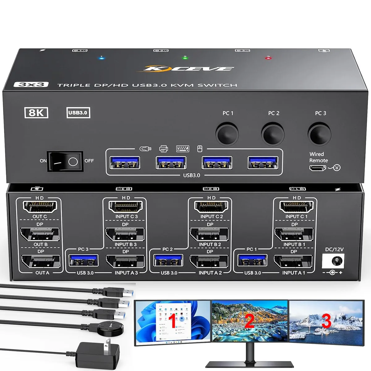 IHDAPP IHDAPP KVM Switch 3 Monitors 3 Computers 8K@60Hz HDMI 2.1 2 DisplayPort 1.4 4 USB 3.0 Wired Remote — product photo