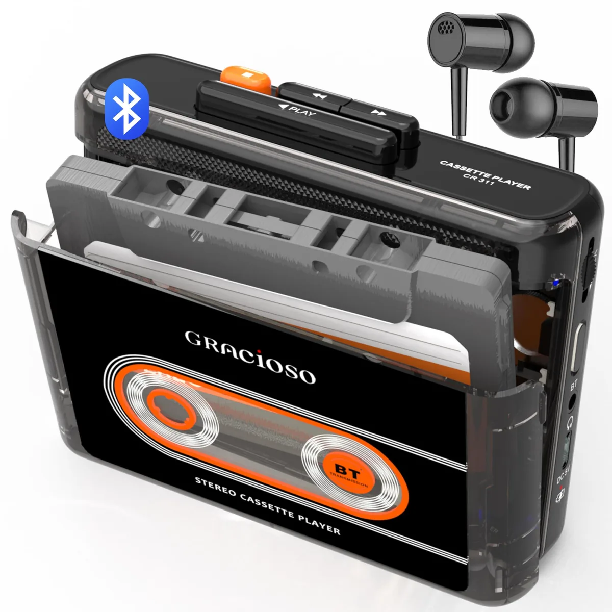  Gracioso 311 Bluetooth 5.2 Cassette Player 1100mAh Compact Vintage Back Clip Black — product photo