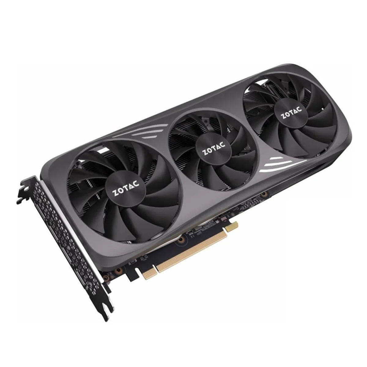 ZOTAC RTX 4070 SUPER SHADOW OC triple-fan graphics card in dark finish with metal backplate