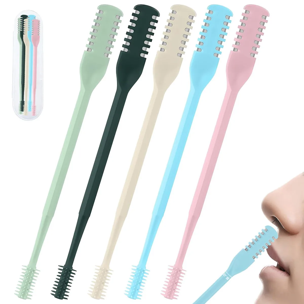 Five black manual nose hair trimmers with double-sided rotating heads