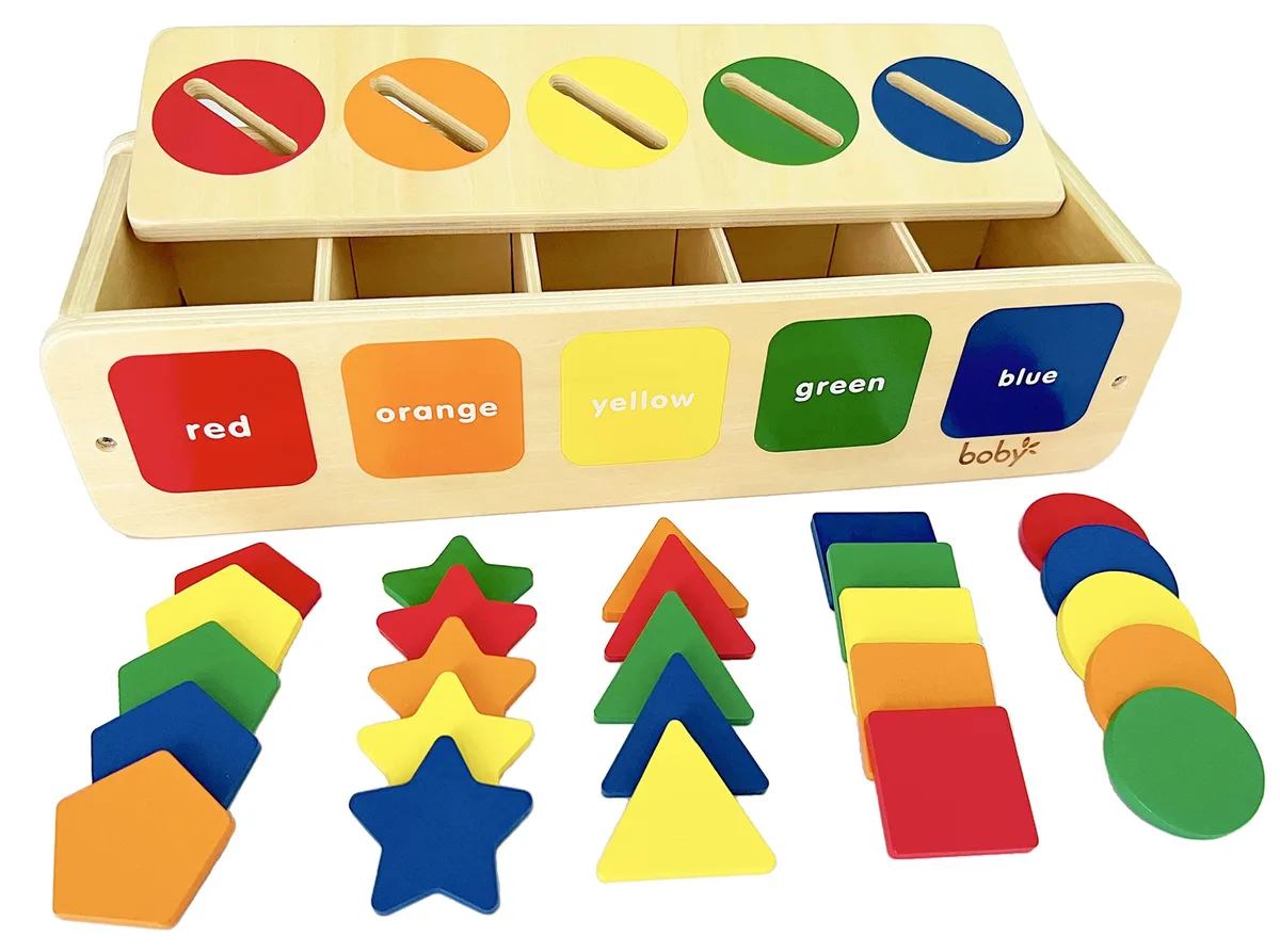 Wooden Montessori sorting box with 25 coloured shapes and 13 answer cards