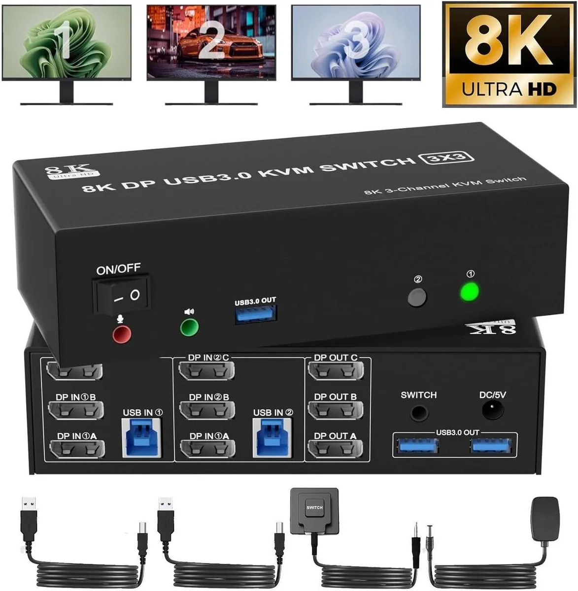 Vszerda Vszerda KVM Switch 3 Monitors 2 Computers 8K@60Hz 4K@144Hz DP 1.4 USB 3.0 Audio Mic Wired Remote — product photo