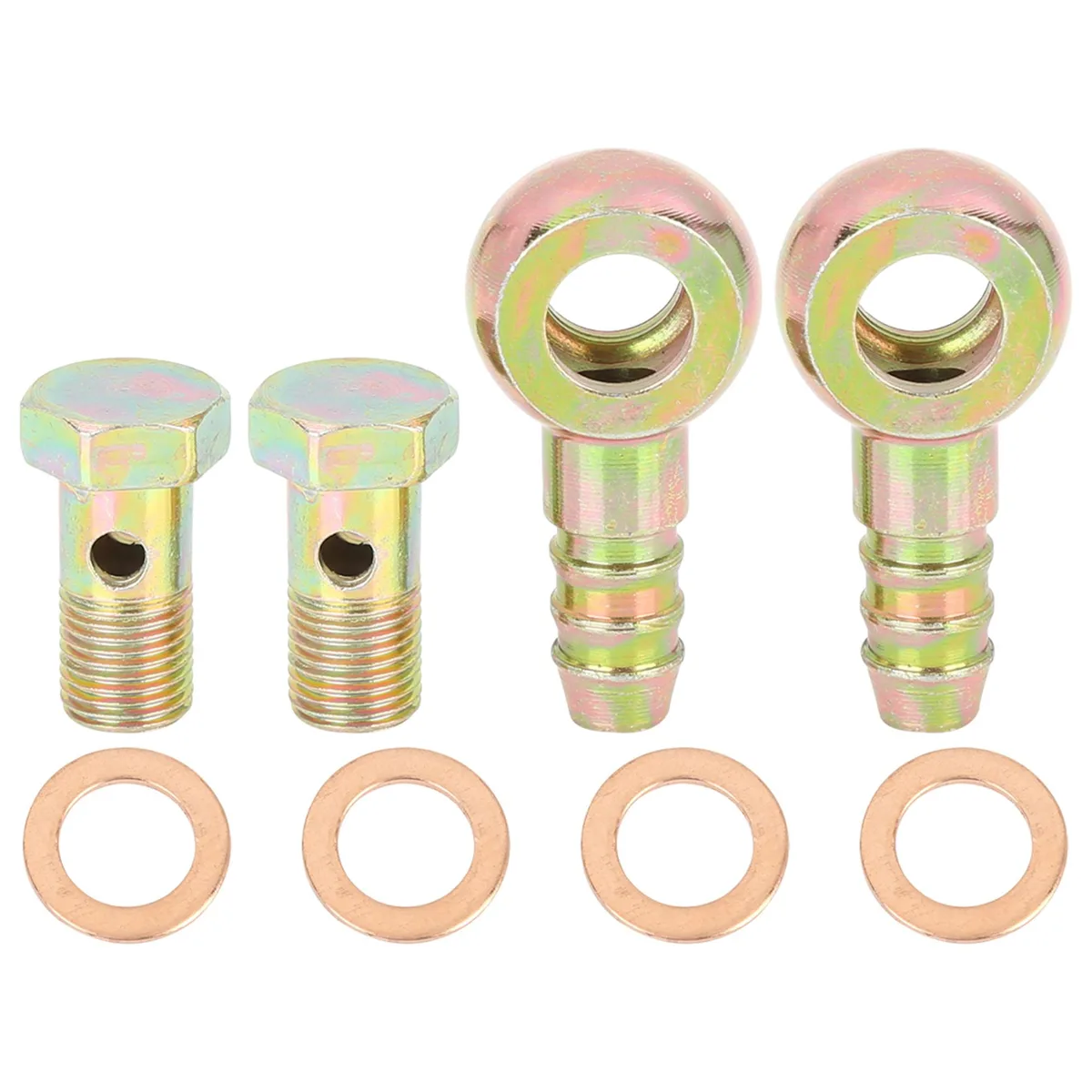 Two sets of 10mm banjo hose barb bolts with copper washers, metal finish