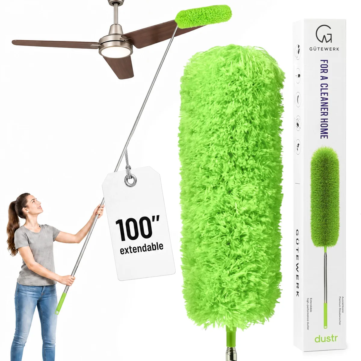 Black extendable microfiber duster with 100 inch telescopic pole and 360° bendable head