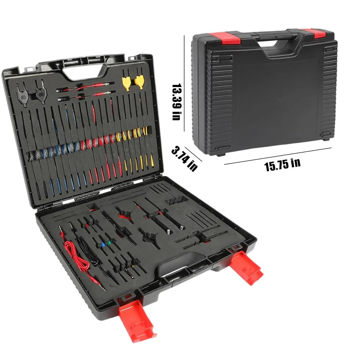 Black case holding 110-piece automotive circuit test kit with probes, clips and SRS connectors