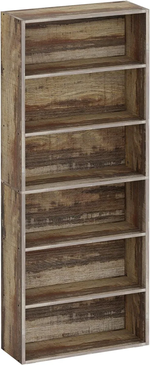 Tall six-tier brown bookshelf, 70.87 inches high, MDF particleboard construction