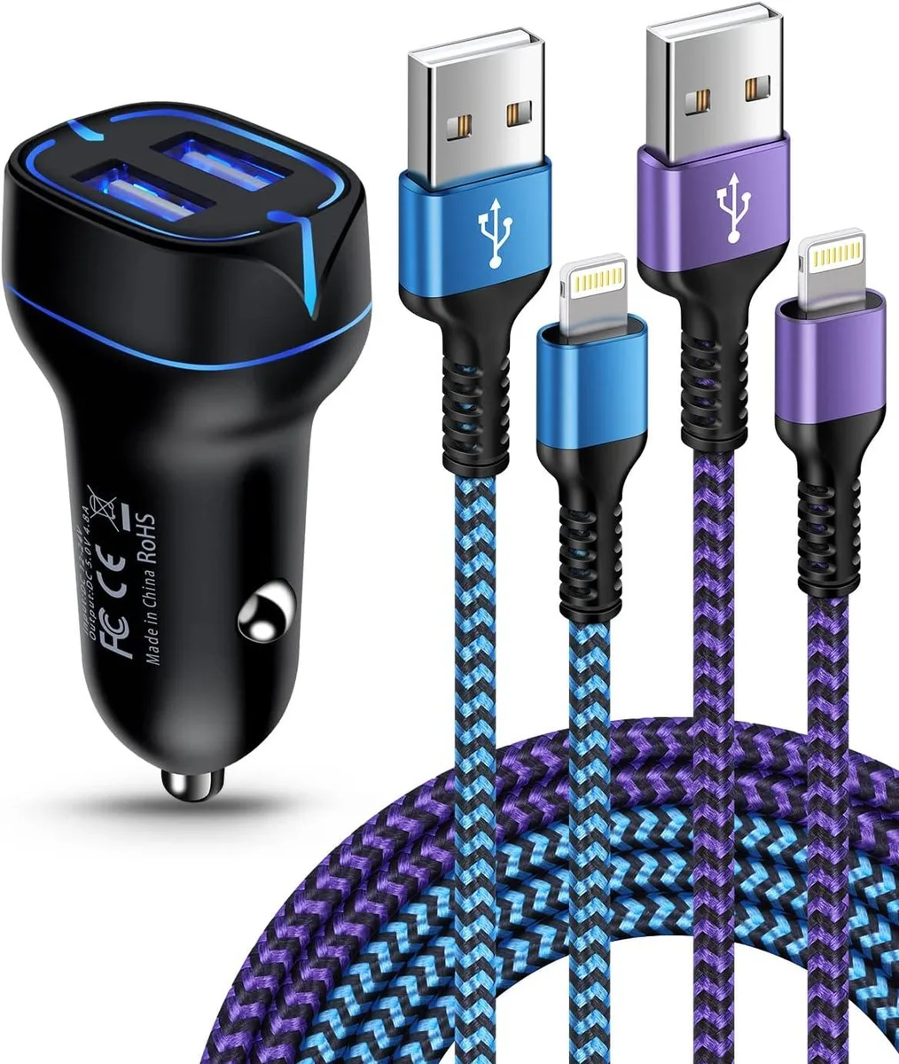Leelbox Leelbox Dual-Port Car Charger + 2× 3ft Lightning Cables 4.8A — product photo