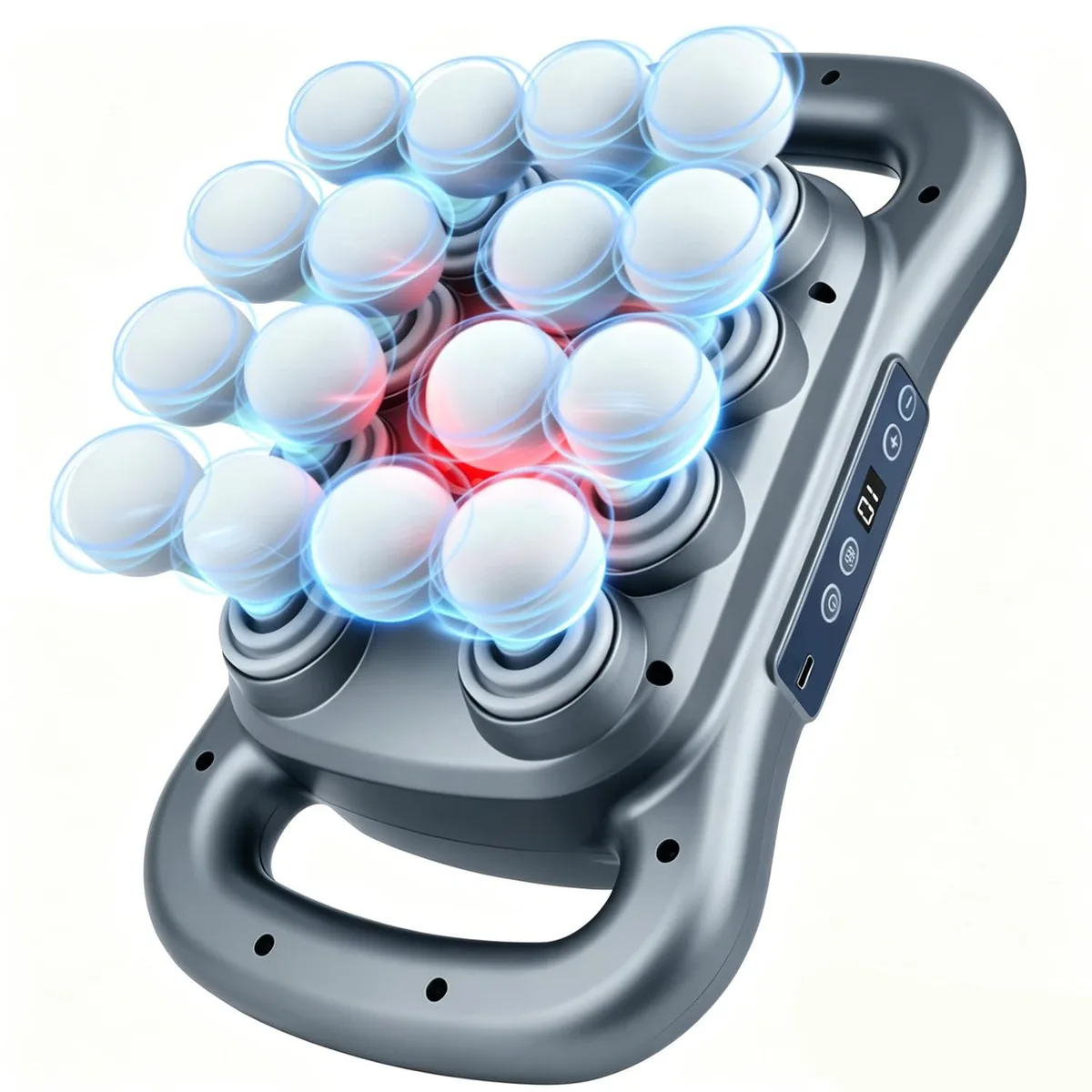 Grey plastic massage gun with dual handles and 16 heads