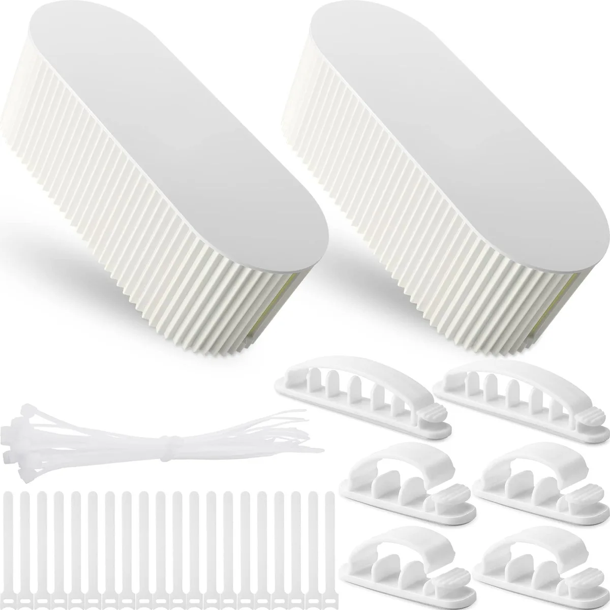 Two white rectangular cable boxes with lids, U-shaped openings and ventilation holes, plus assorted ties and clips