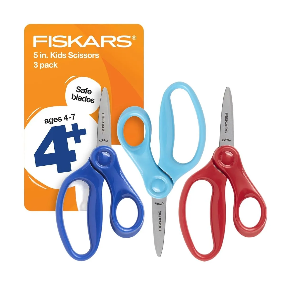 Three small scissors in red blue and turquoise with pointed stainless steel blades and ergonomic handles