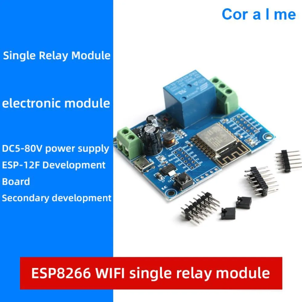 Green circuit board with ESP8266 chip and blue relay module