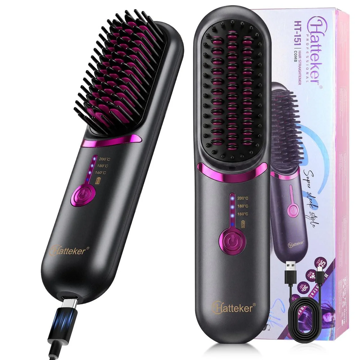 Cordless hair straightener brush, slim white body with heated ceramic bristles