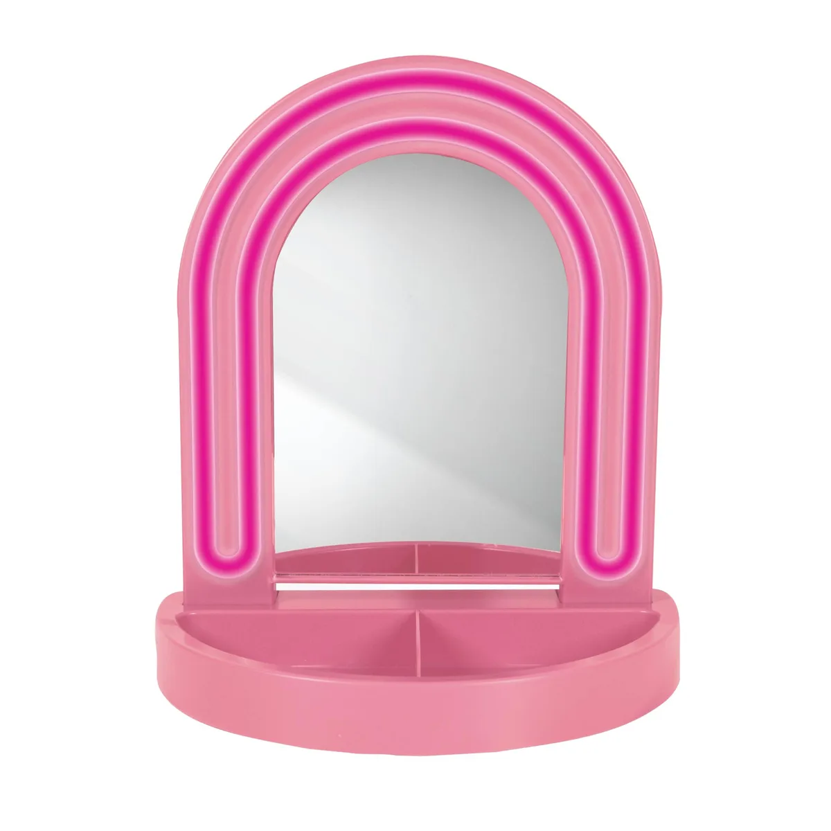 Pink rectangular LED vanity mirror with detachable base tray and USB cable