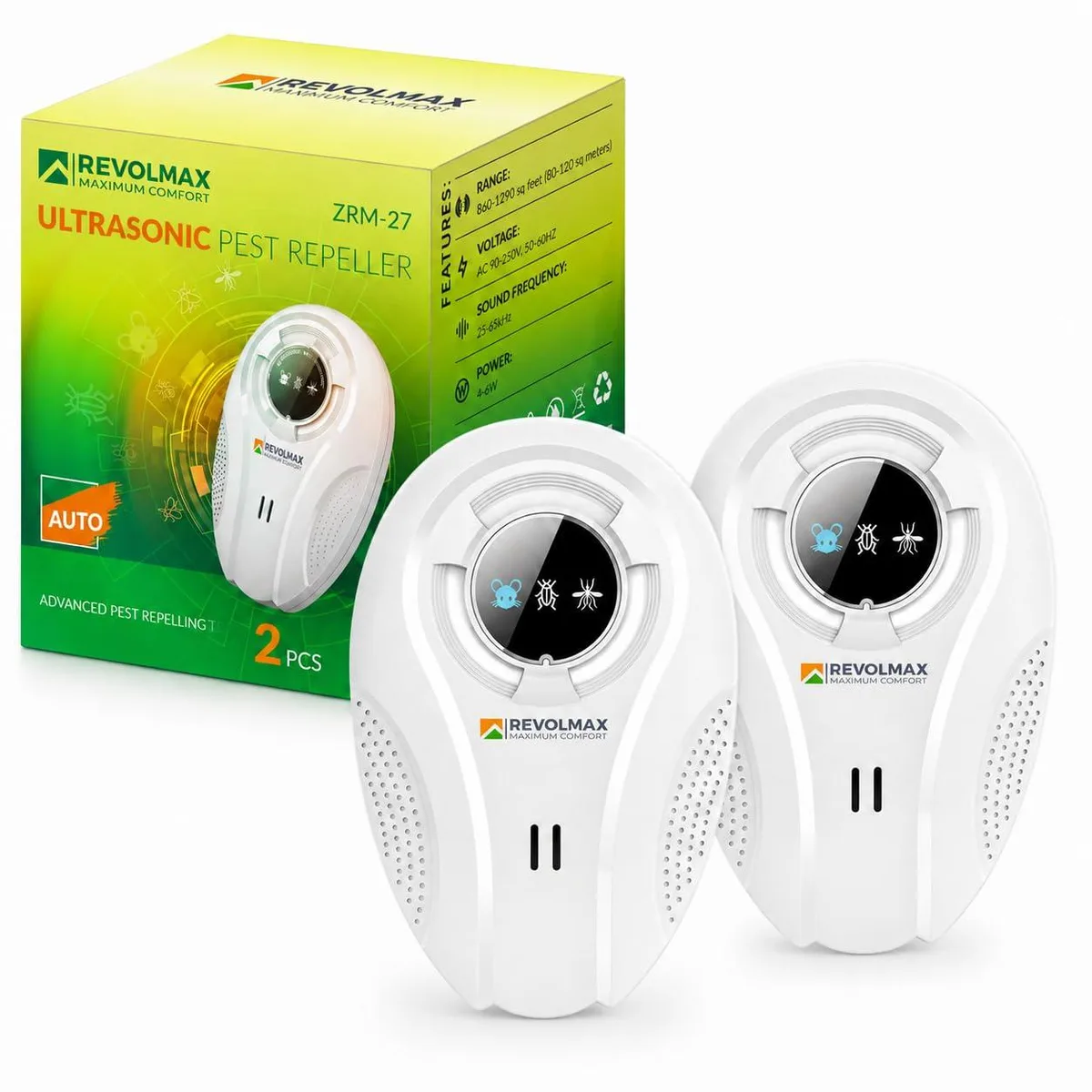Two white rectangular plug-in pest repellers with front grilles