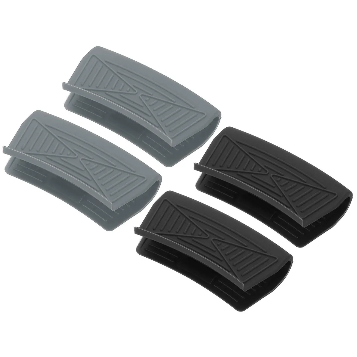 Four black and grey silicone pan handle sleeves side by side