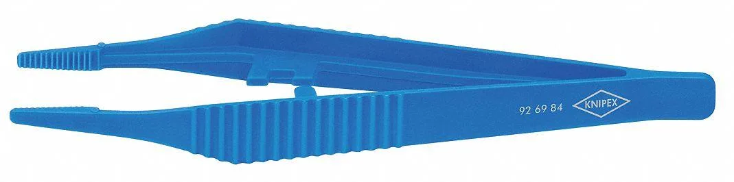 Straight plastic tweezers with serrated tips and knurled grip