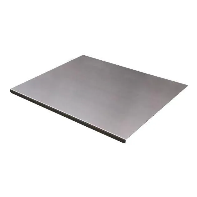 Rectangular stainless steel cutting board with brushed finish and L-shaped folded edges, 40 by 30 centimetres
