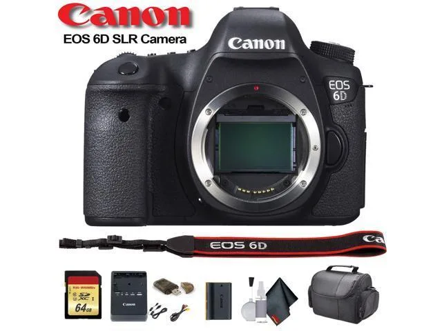 Black Canon EOS 6D DSLR body with 64 GB SD card, padded case, strap, cleaning kit and USB reader