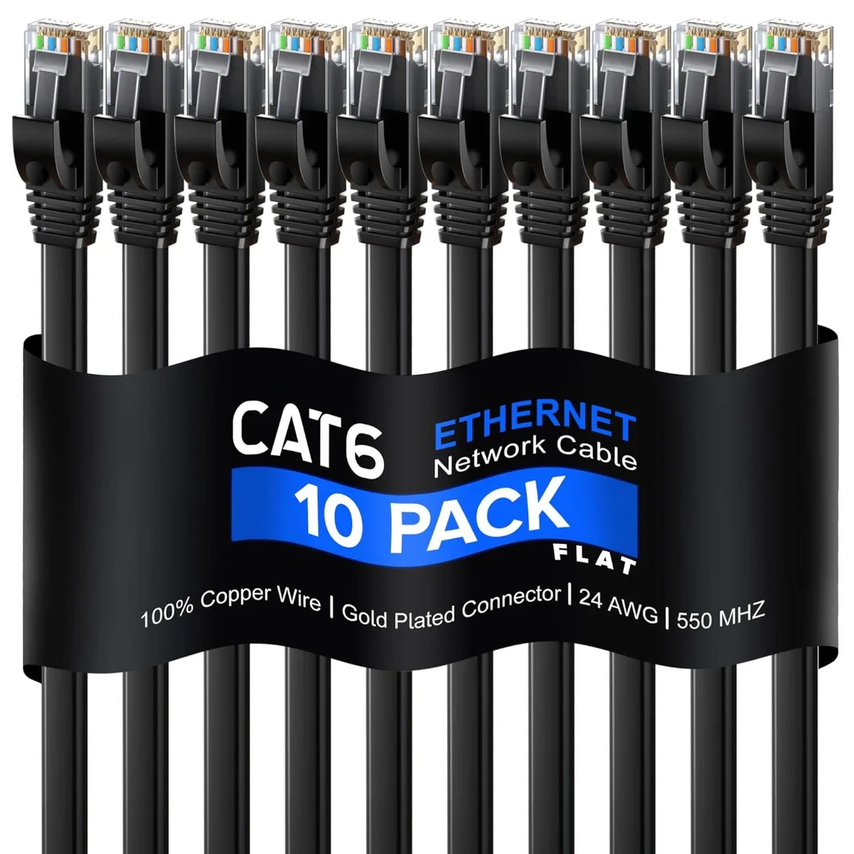 Zell Electronics Zell Electronics Cat 6 network ethernet cable 1 ft flat black 10 pack — product photo