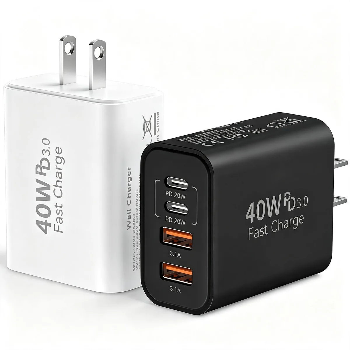 Two compact white wall chargers each with two USB-C and two USB-A ports