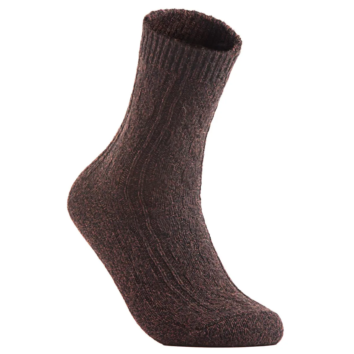 Six pairs of coffee wool crew socks folded together