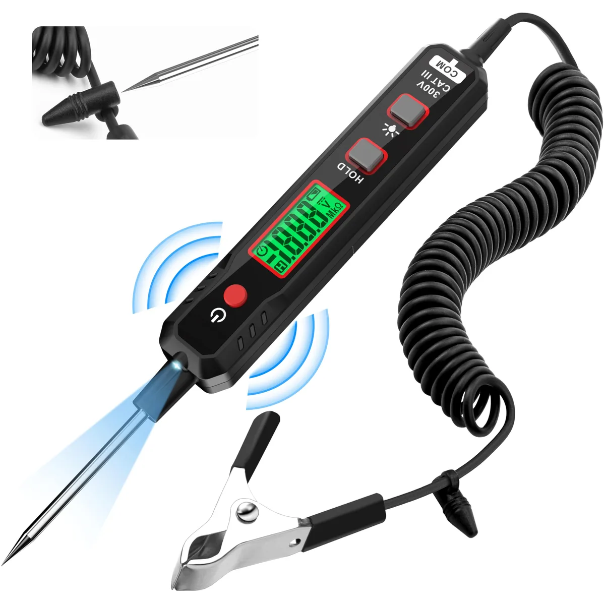 Pen-style automotive circuit tester with sharp probe, alligator clip, coiled wire and green backlit LCD display