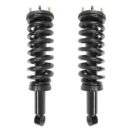 Pair of silver front strut assemblies with coiled springs and top mounts