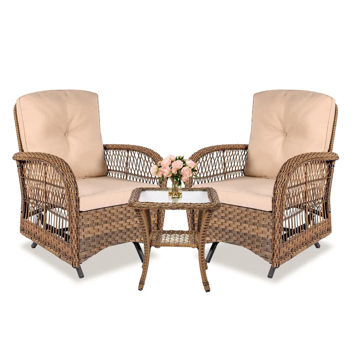 MEETWARM MEETWARM 3-Piece Wicker Rocking Glider Set with Cushions &amp; Glass Table — product photo