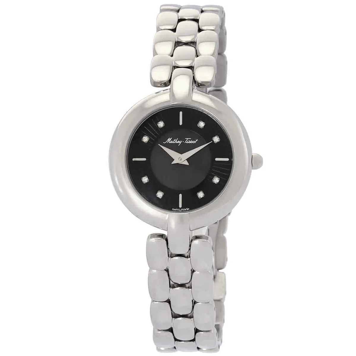 Stainless steel watch with black dial and metal bracelet