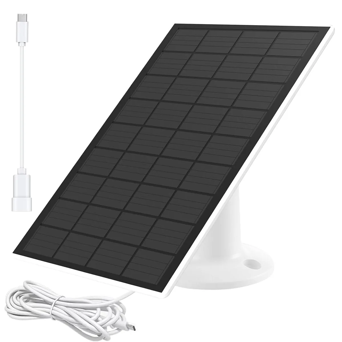 Rectangular black solar panel 8.6 by 6.3 inches with adjustable mount and cable