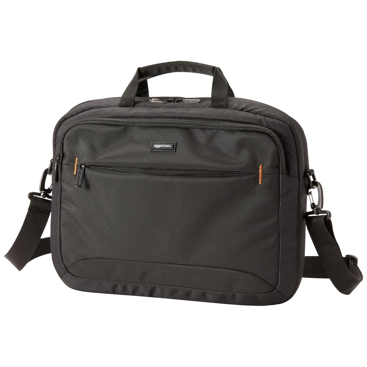 Black 15.6 inch laptop bag with shoulder strap and handle, front pocket and luggage pass-through