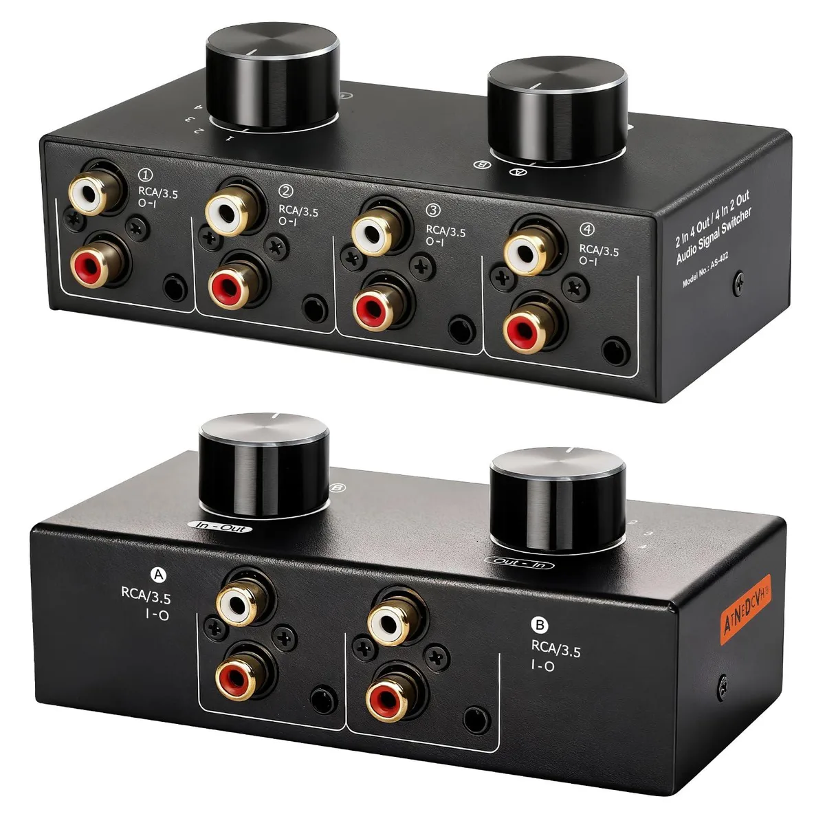 Compact silver box with multiple RCA and 3.5mm ports and selector knobs