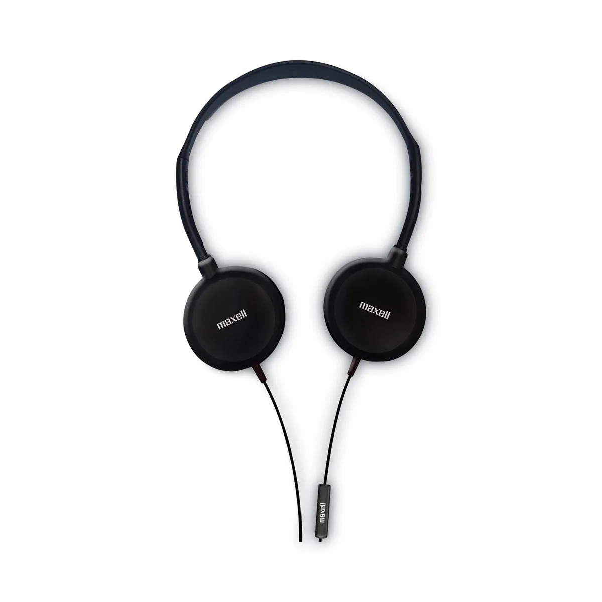 Black over-ear wired headset with foam cushions, swivel cups, inline mic and 6 ft cord