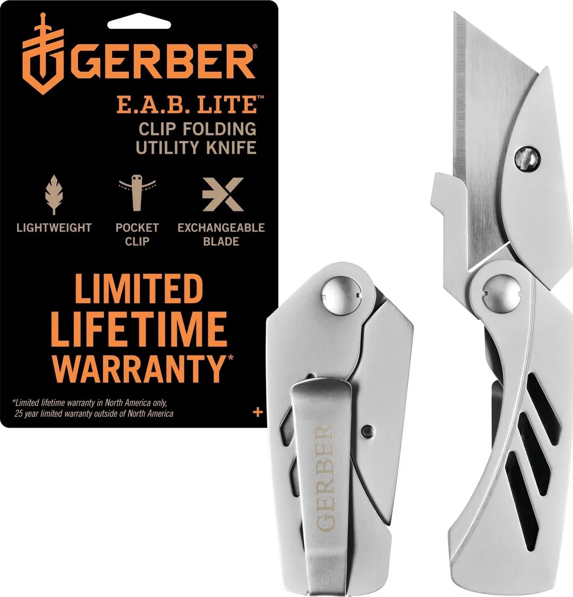 Stainless steel folding pocket knife with deep finger grooves and integrated money clip, 1.5 inch replaceable utility blade