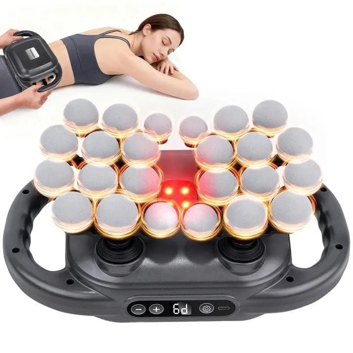 Black cordless massage gun with dual loop handles and 24 attachment heads