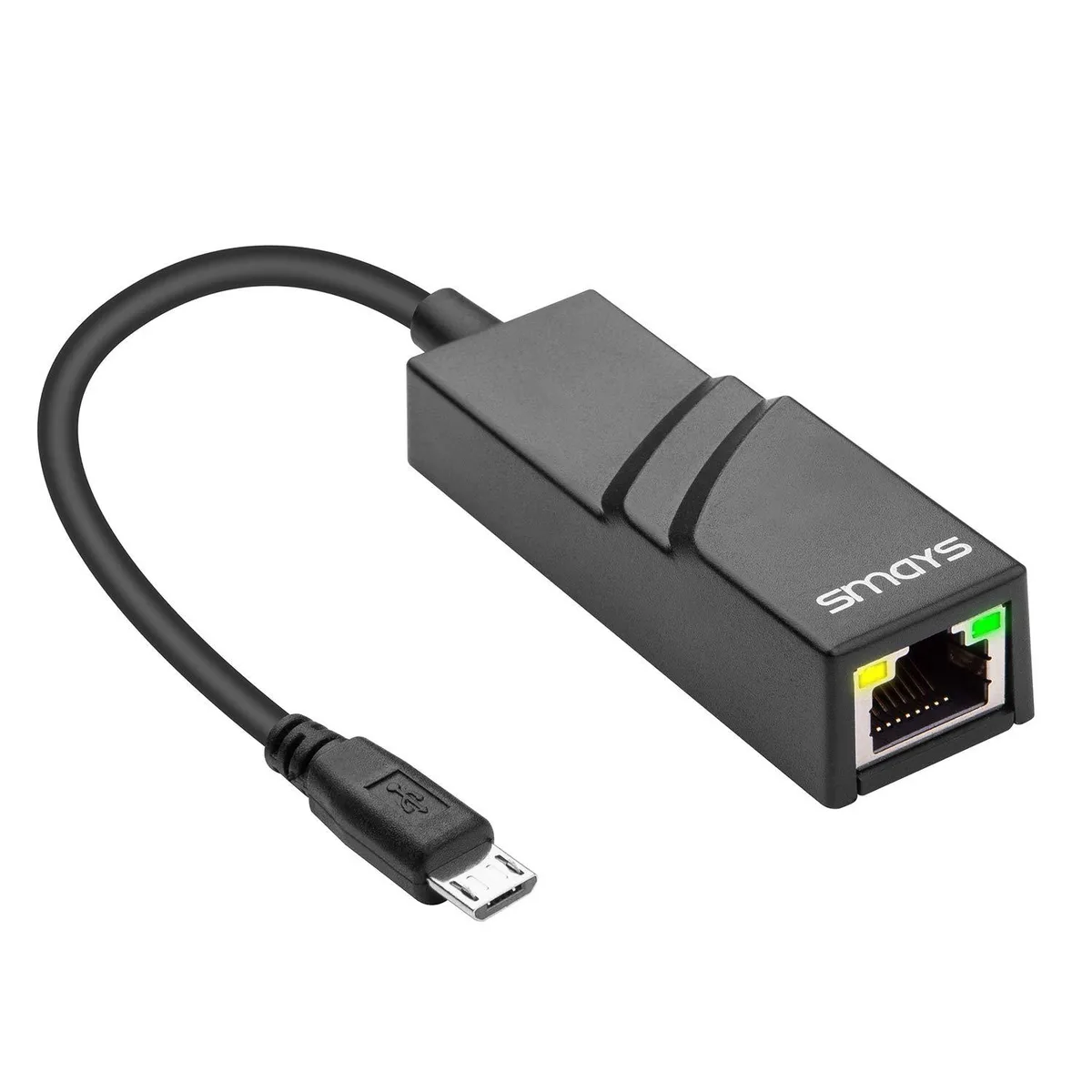 Small white Micro USB OTG to RJ45 Ethernet adapter with indicator light