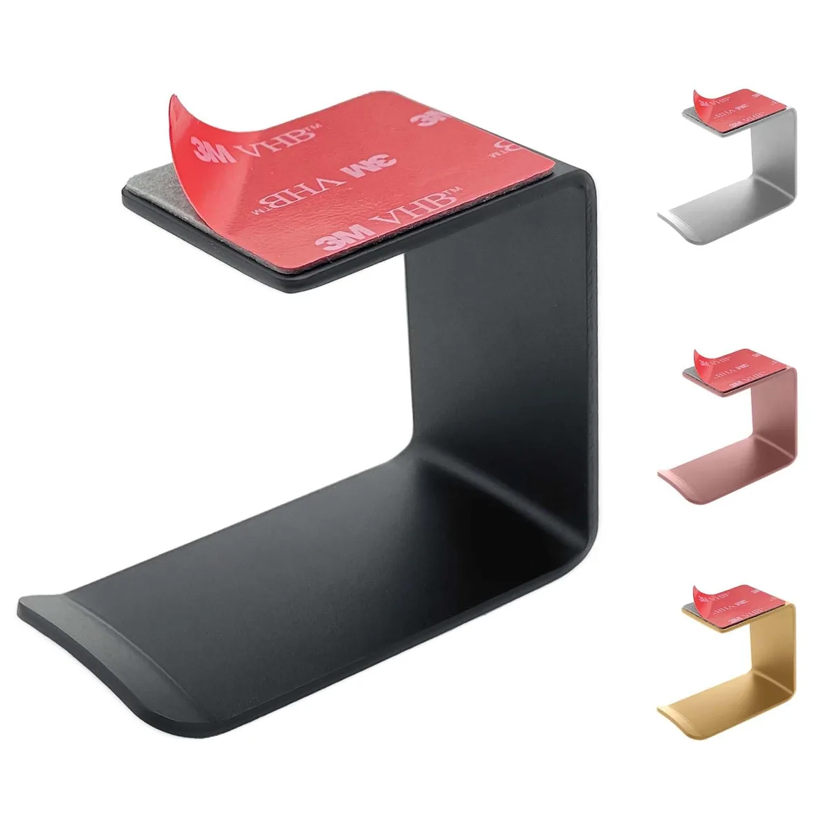 Black aluminum under-desk headphone hook with adhesive strip
