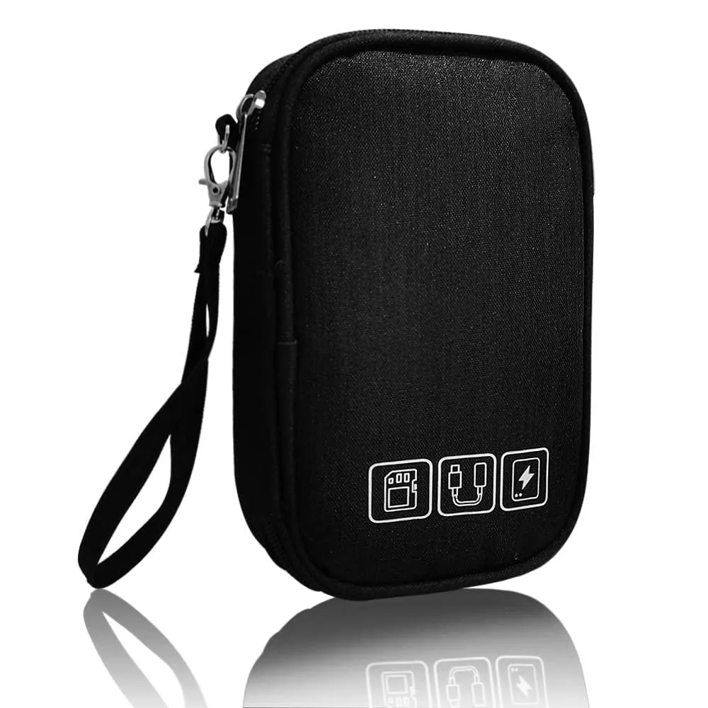 Black nylon electronic organizer bag with dual zipper and mesh pockets