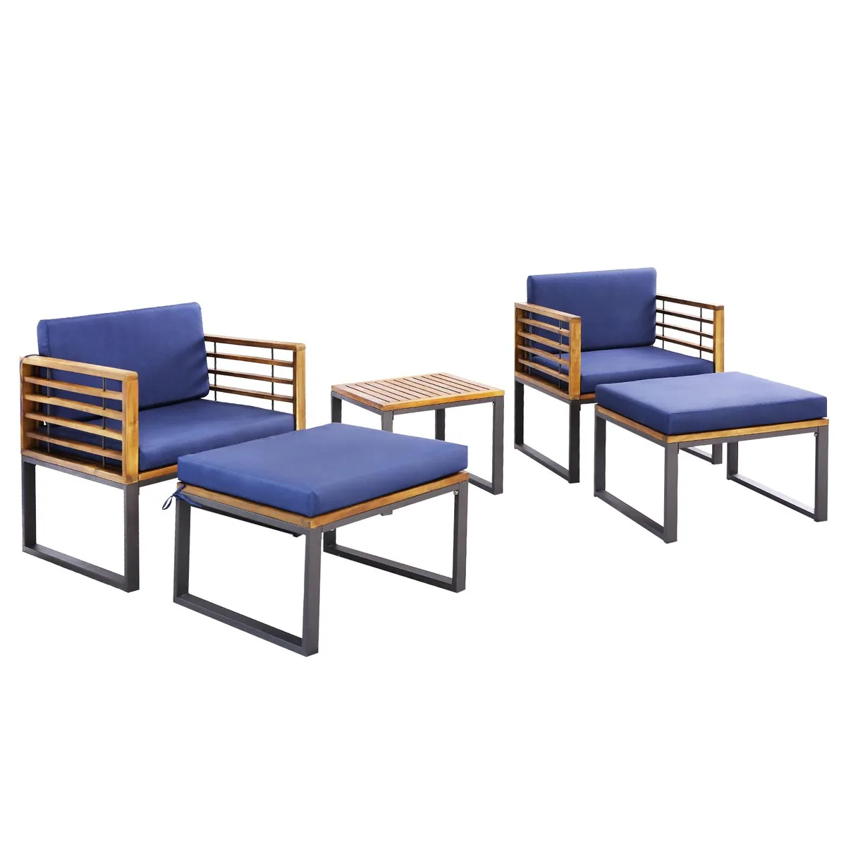 SlickBlue SlickBlue 5 Piece Acacia Patio Set Navy Cushions Black Frame — product photo